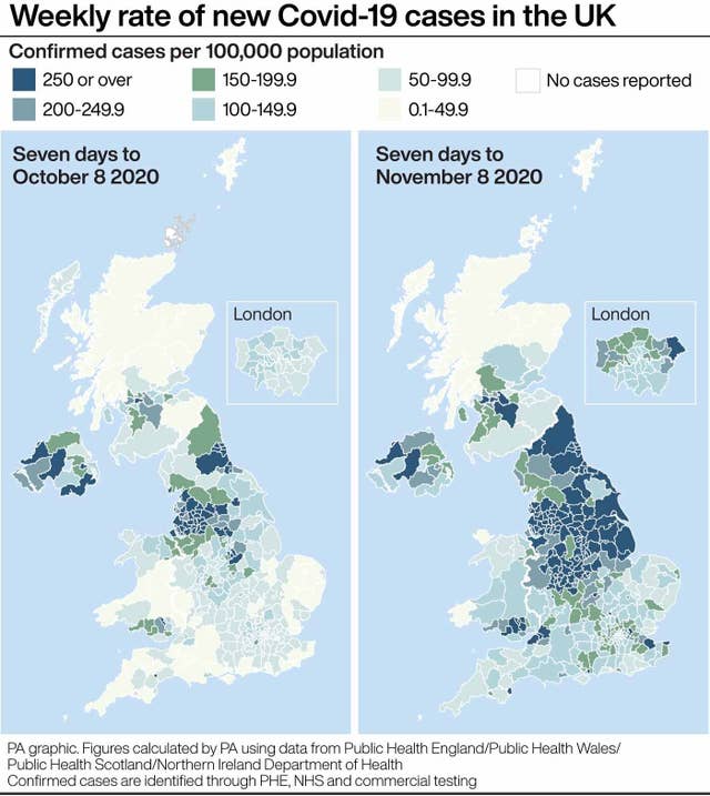 Weekly rate of new Covid-19 cases in the UK