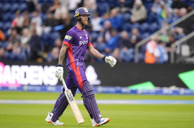 Ben Stokes, with his bat in his right hand, trudges off the field while playing for Northern Superchargers in The Hundred