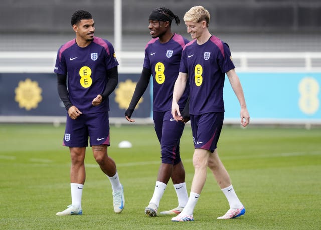 Morgan Gibbs-White with fellow Under-21 Euros winners Noni Madueke and Anthony Gordon 