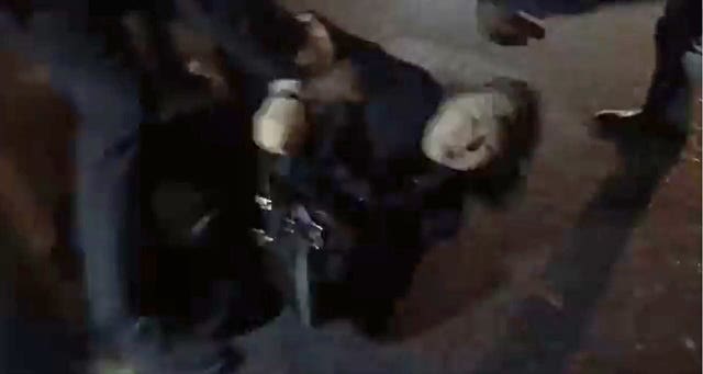 Hong Kong justice secretary Teresa Cheng appearing to be knocked to the ground as she is pursued by protesters in London 