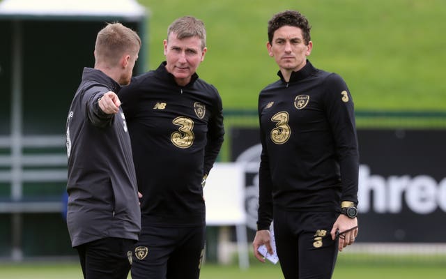 Republic of Ireland coach Damien Duff (left), manager Stephen Kenny (centre) and coach Keith Andrews prepare their players for the clash with Finland