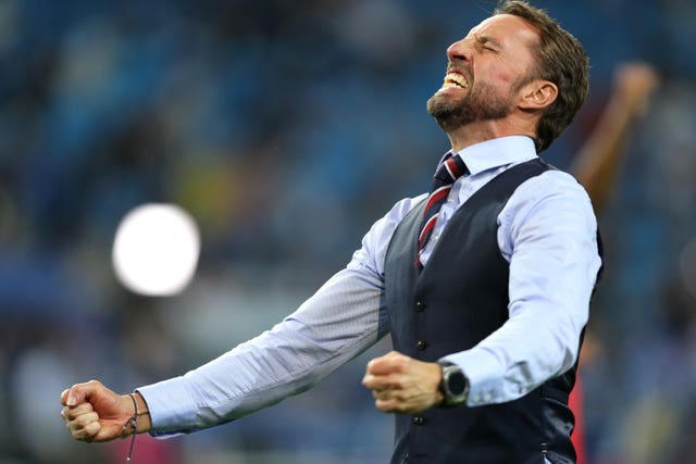 England manager Gareth Southgate celebrates after winning the penalty shoot-out 