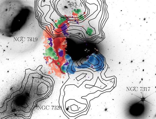 WEAVE decomposition of gas in Stephan's Quintet, overlaid on a JWST image