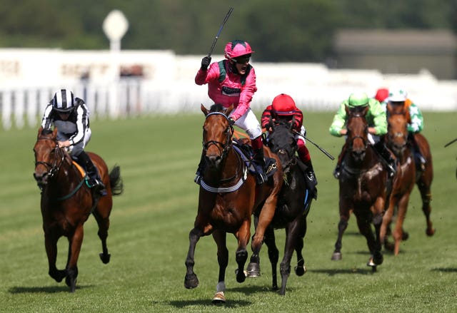 Oxted ridden by jockey Cieren Fallon celebrates winning the King’s Stand Stakes during day one of Royal Ascot in 2021