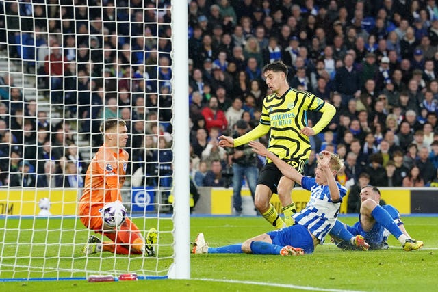 Kai Havertz, centre, scores Arsenal’s second goal against Brighton