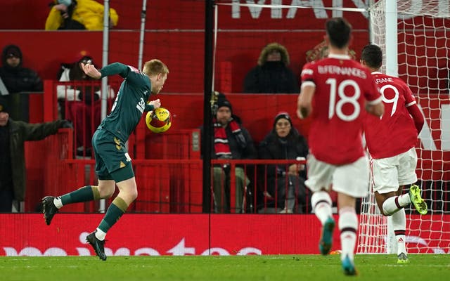 Middlesbrough’s Duncan Watmore handled the ball prior to team-mate Matt Crooks scoring at Old Trafford