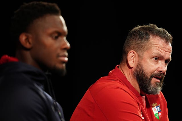British and Irish Lions captain Maro Itoje, left, and head coach Andy Farrell during a press conference