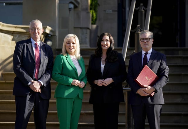 Northern Ireland Secretary Hilary Benn, left to right, First Minister Michelle O’Neill, deputy First Minister Emma Little-Pengelly and Prime Minister Sir Keir Starmer 