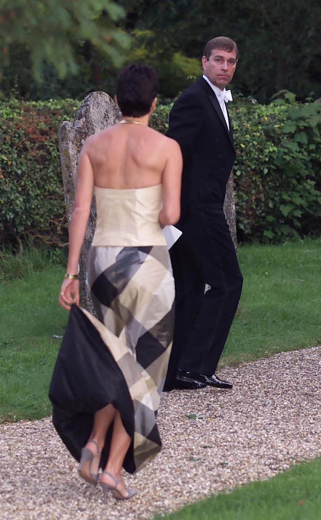 Ghislaine Maxwell in 2000 with the Duke of York leaving the wedding of a former girlfriend of the duke