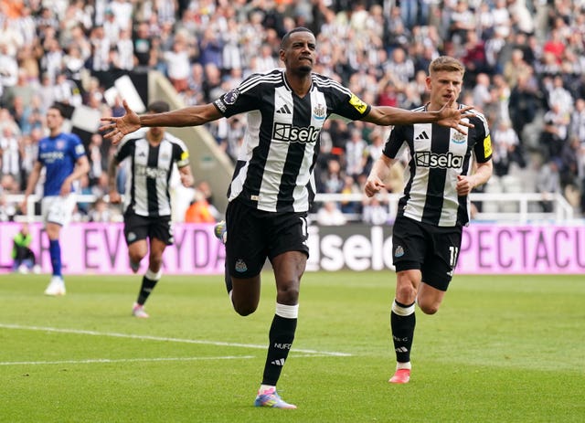 Newcastle striker Alexander Isak celebrates scoring against Ipswich