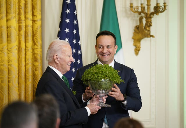 Then-taoiseach Leo Varadkar (right) presents US President Joe Biden with a bowl of shamrock during a St Patrick’s Day celebration reception at the White House in 2023 