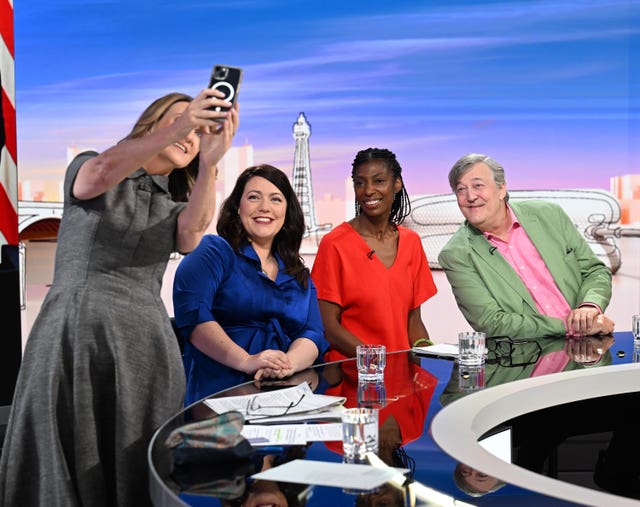 Victoria Derbyshire takes a selfie with Conservative MP Alicia Kearns, John Lewis chairwoman Sharon White and actor and broadcaster Stephen Fry