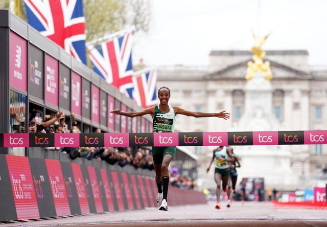 Sifan Hassan crosses the line to win the women’s elite race at the 2023 London Marathon