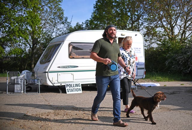 A caravan polling station on a farm in Garthorpe, near Melton Mowbray