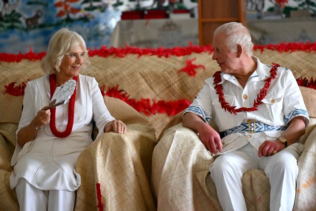 The King and Queen during a traditional ‘ava ceremonial welcome during a visit to Moata’a Church Hall in Samoa 