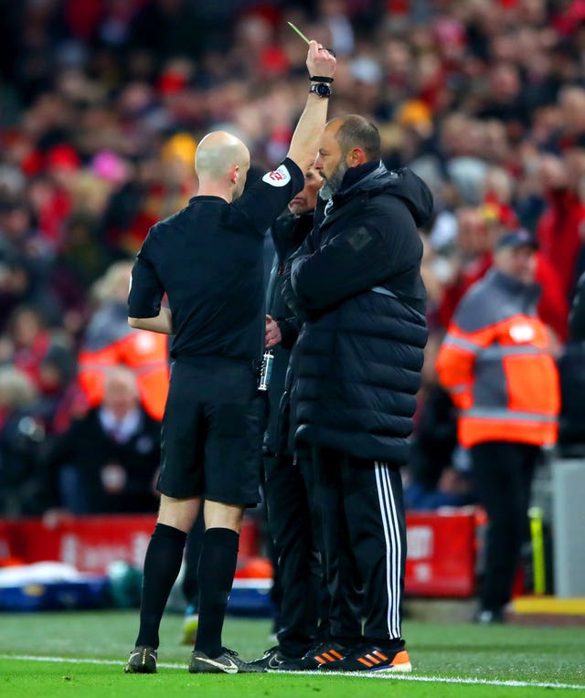 Nuno Espirito Santo was shown a yellow card after Wolves had a goal disallowed by VAR