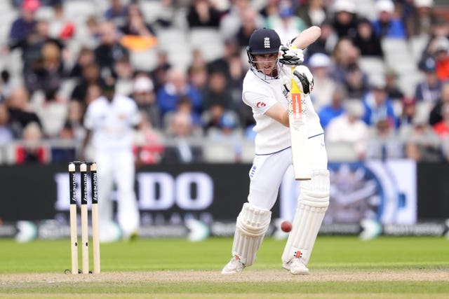 Harry Brook strikes the ball for a boundary 