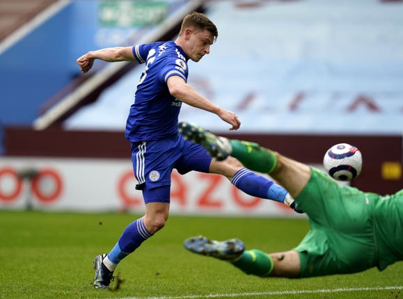 Harvey Barnes scores for Leicester at Aston Villa