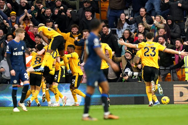 Wolves celebrate Matt Doherty's goal in a 2-1 home win against Chelsea in the first Premier League game to be played on Christmas Eve since 1995