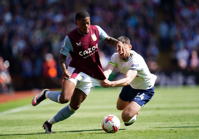 Tottenham’s Clement Lenglet, right, pulls back Aston Villa’s Leon Bailey