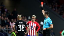 Celtic’s Daizen Maeda is shown a red card by referee Ivan Kruzliak following a VAR check (Isabel Infantes/PA)