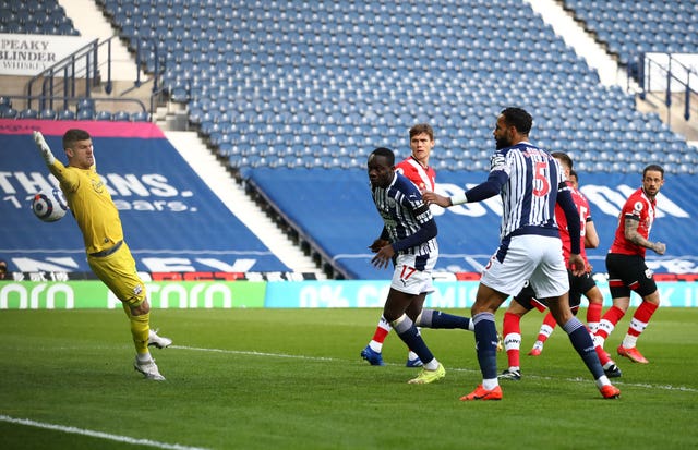 Mbaye Diagne, second left, thought he opened the scoring at the Hawthorns