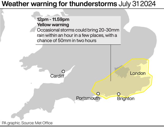 Map showing the area covered by the yellow weather warning for Wednesday