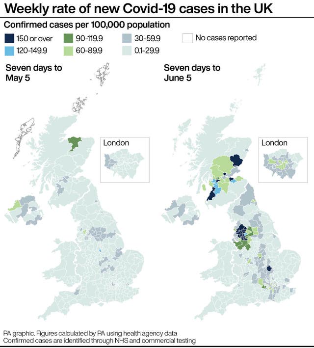 Weekly rate of new Covid-19 cases in the UK