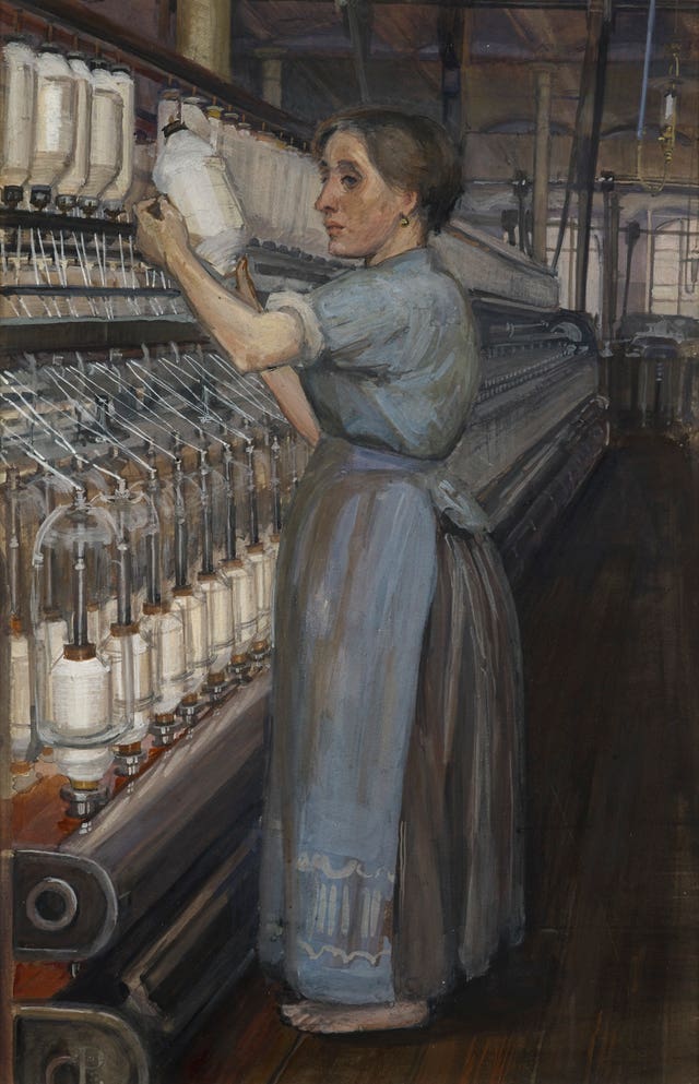 In A Glasgow Cotton Spinning Mill: Changing the Bobbin, 1907, by Sylvia Pankhurst (