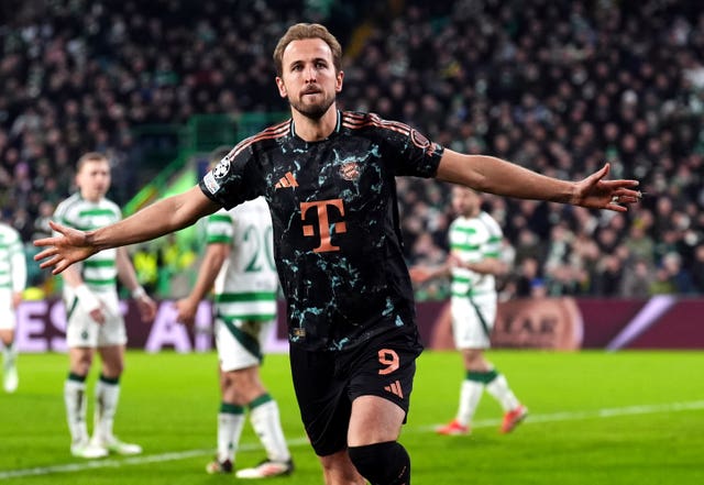 Harry Kane celebrates scoring a goal for Bayern Munich