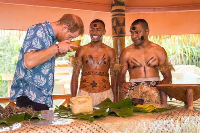 Duke of Sussex smells a bowl of kava in Fiji