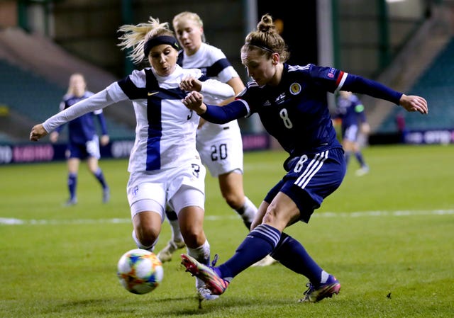 Scotland's Kim Little, right, shoots at goal against Finland