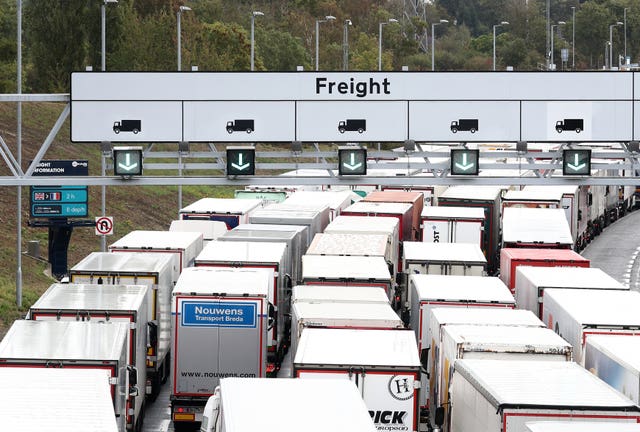 A view of lorries queuing for Eurotunnel in Folkestone, Kent (Gareth Fuller/PA)