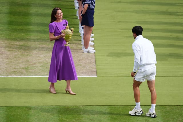 Kate presents Carlos Alcaraz with The Gentlemen’s Singles Trophy at Wimbledon in July