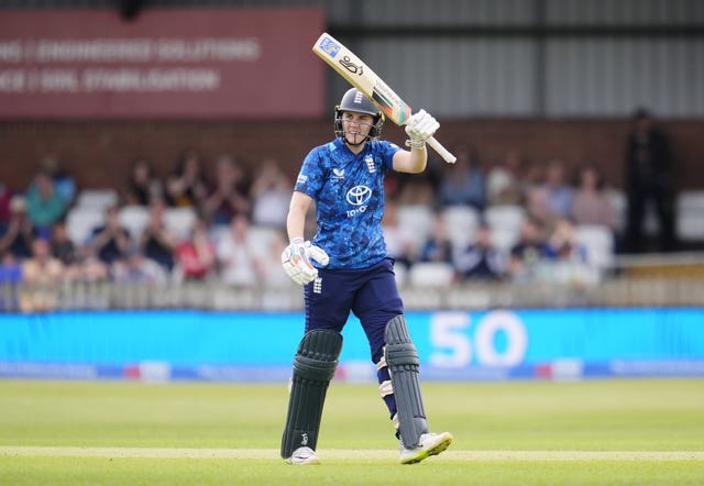 England’s Nat Sciver-Brunt celebrates hitting a half century during a Women’s ODI game against the West Indies in Derby