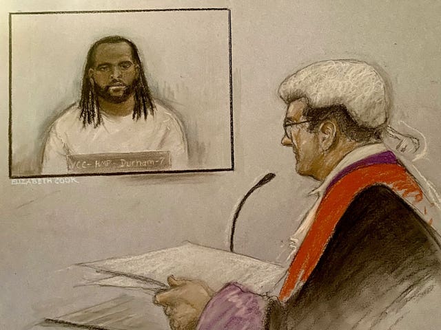 Sketch of Jay Emmanuel-Thomas (left) appearing via videolink at Chelmsford Crown Court