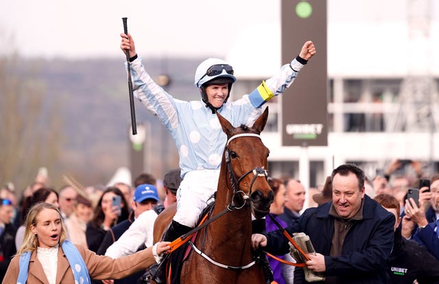 Rachael Blackmore celebrates winning the Champion Hurdle on Honeysuckle 