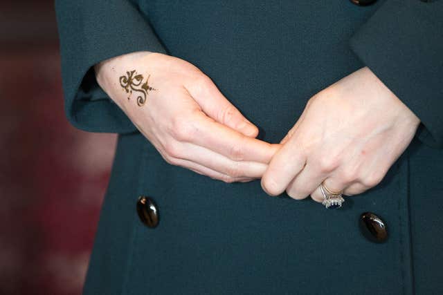 The Duchess of Cambridge with a henna tattoo on her hand during a visit to the Fire Station arts centre in Sunderland (Andy Commins/Daily Mirror)