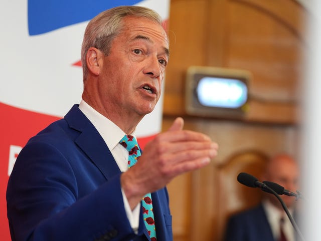 Leader of Reform UK Nigel Farage at an announcement of the party’s economic policy during a press conference at Church House in London 