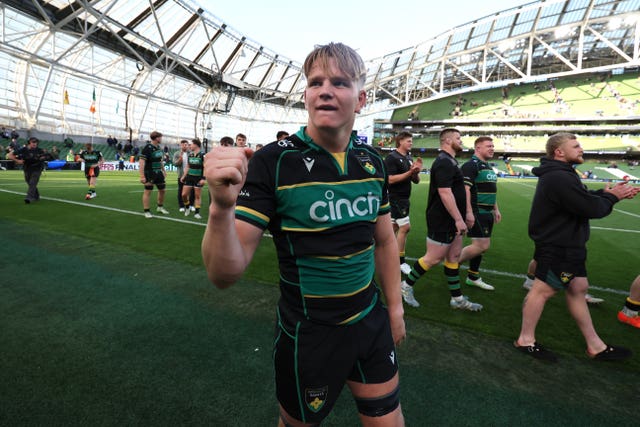 Northampton flanker Henry Pollock celebrates victory over Leinster in the semi-finals of the Investec Champions Cup