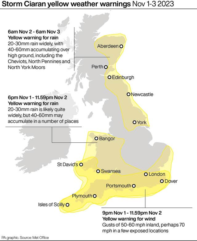 PA infographic showing Storm Ciaran yellow weather warnings