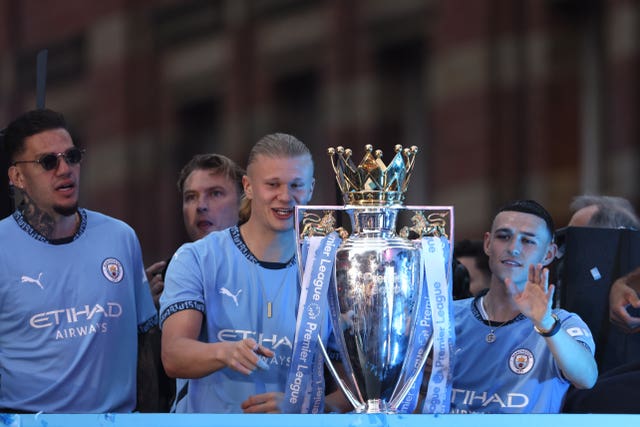 Manchester City forward Erling Haaland and team-mates pictured with the Premier League at a celebration parade