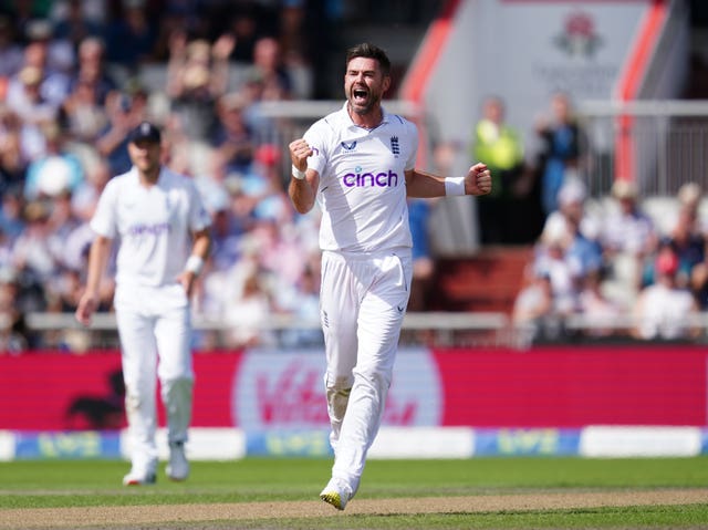 James Anderson celebrates taking the wicket of South Africa's Keshav Maharaj, not pictured, at Old Trafford in 2022