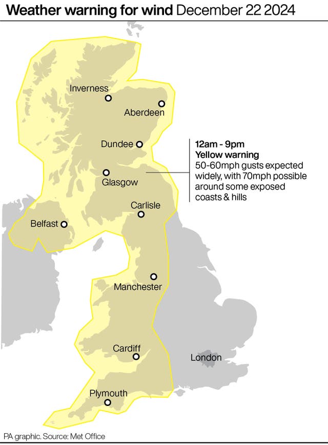 Map of UK showing weather warning areas in yellow