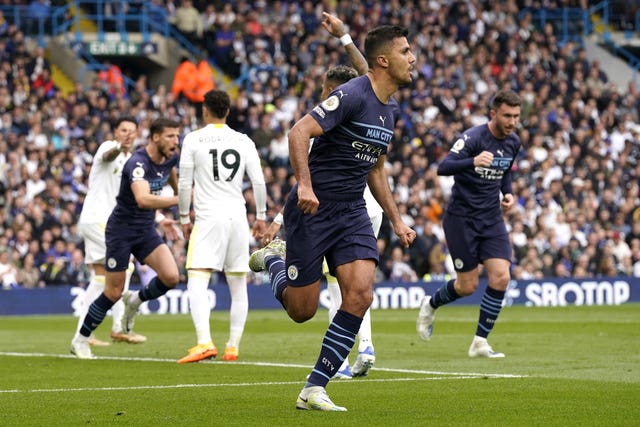 Rodri celebrates after heading City into a first-half lead at Elland Road