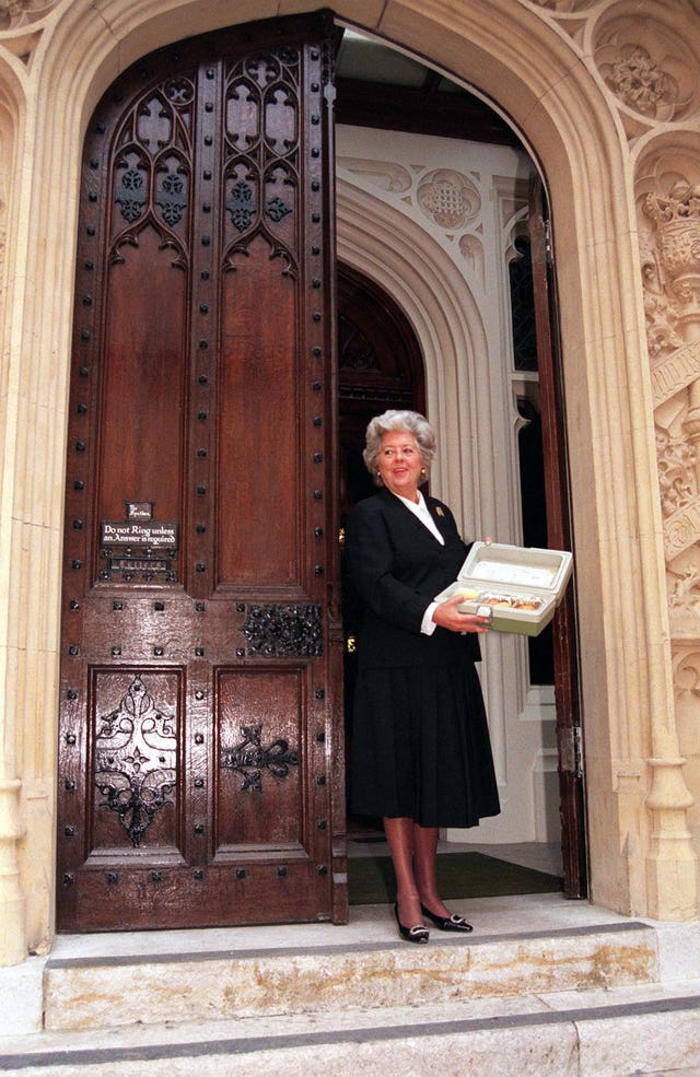 Betty Boothroyd outside the House of Commons in 1998