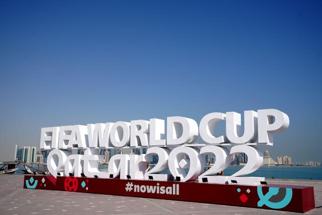 A Qatar 2022 sign pictured at the Doha Corniche, ahead of the FIFA World Cup 2022