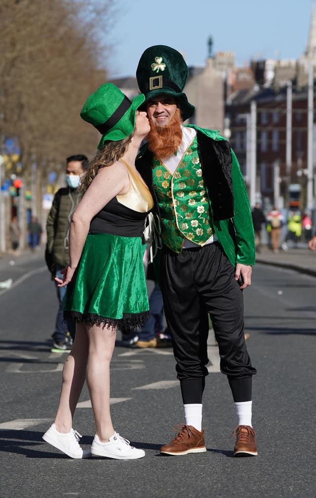 Anna DeAngelis and Bruno Ferranti, from Brazil, dressed up for the St Patrick’s Day Parade in Dublin