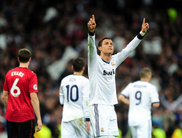 Cristiano Ronaldo celebrates scoring for Real Madrid against Manchester United
