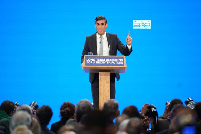 Prime Minister Rishi Sunak delivers his keynote speech at the Conservative Party annual conference